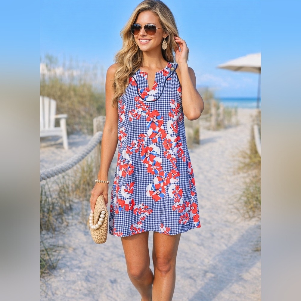 🇺🇸 Crown & Ivy Gingham Floral Dress L Coastal Summer Beach 4th of July